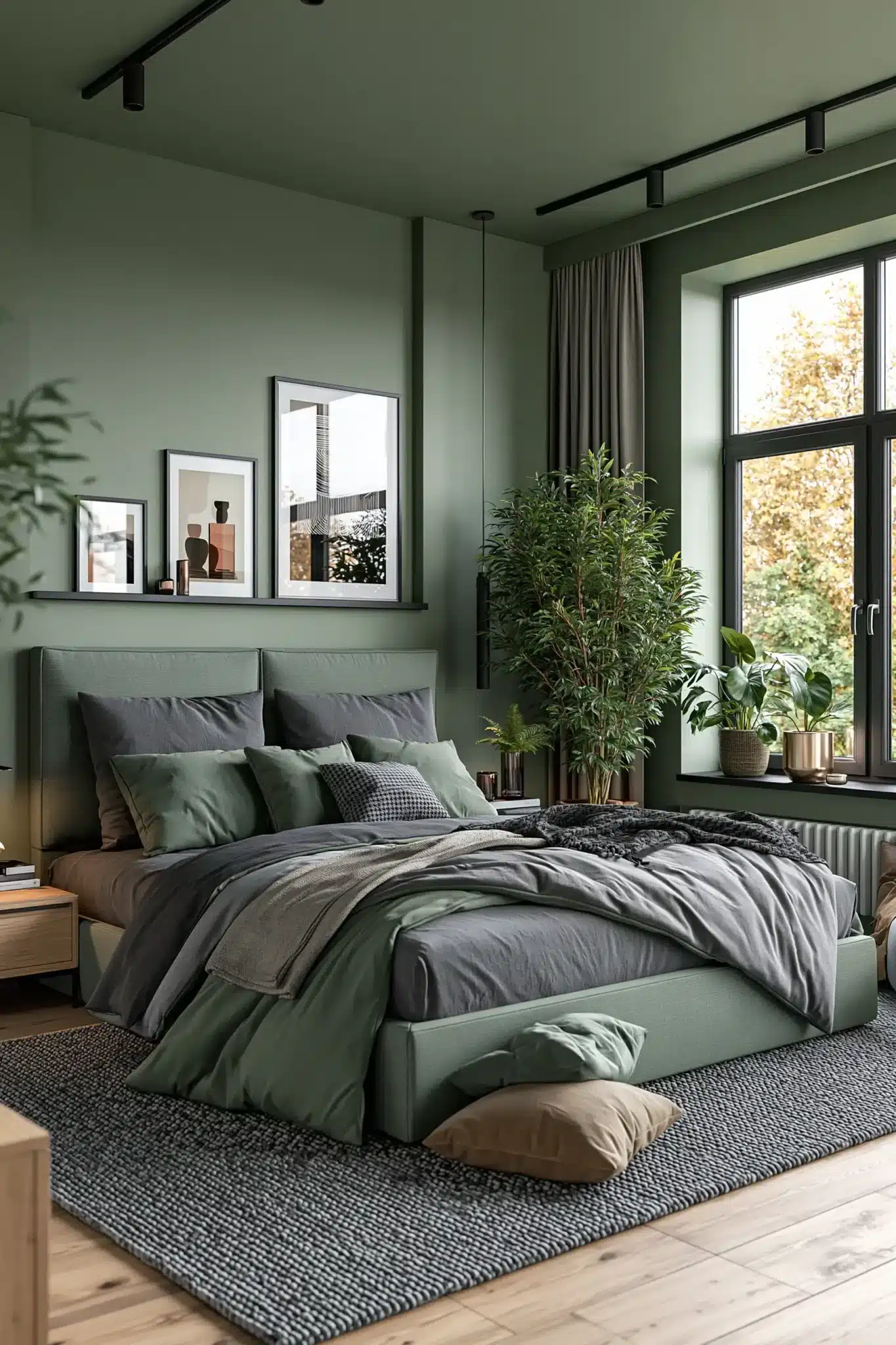 Modern sage green and grey bedroom with an upholstered bed, textured rug, and dark accents