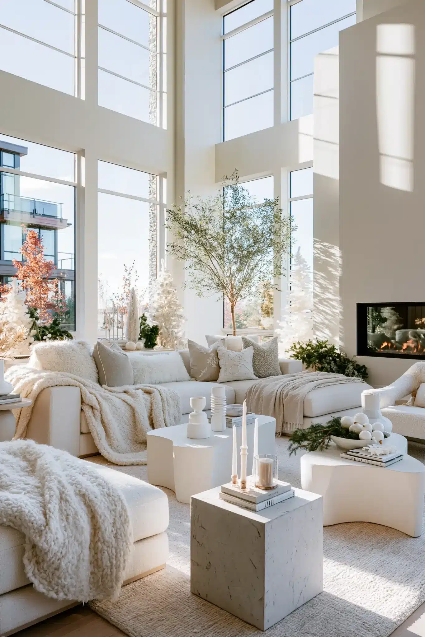Modern holiday living room with white Christmas decor, oversized throws, and clean furniture