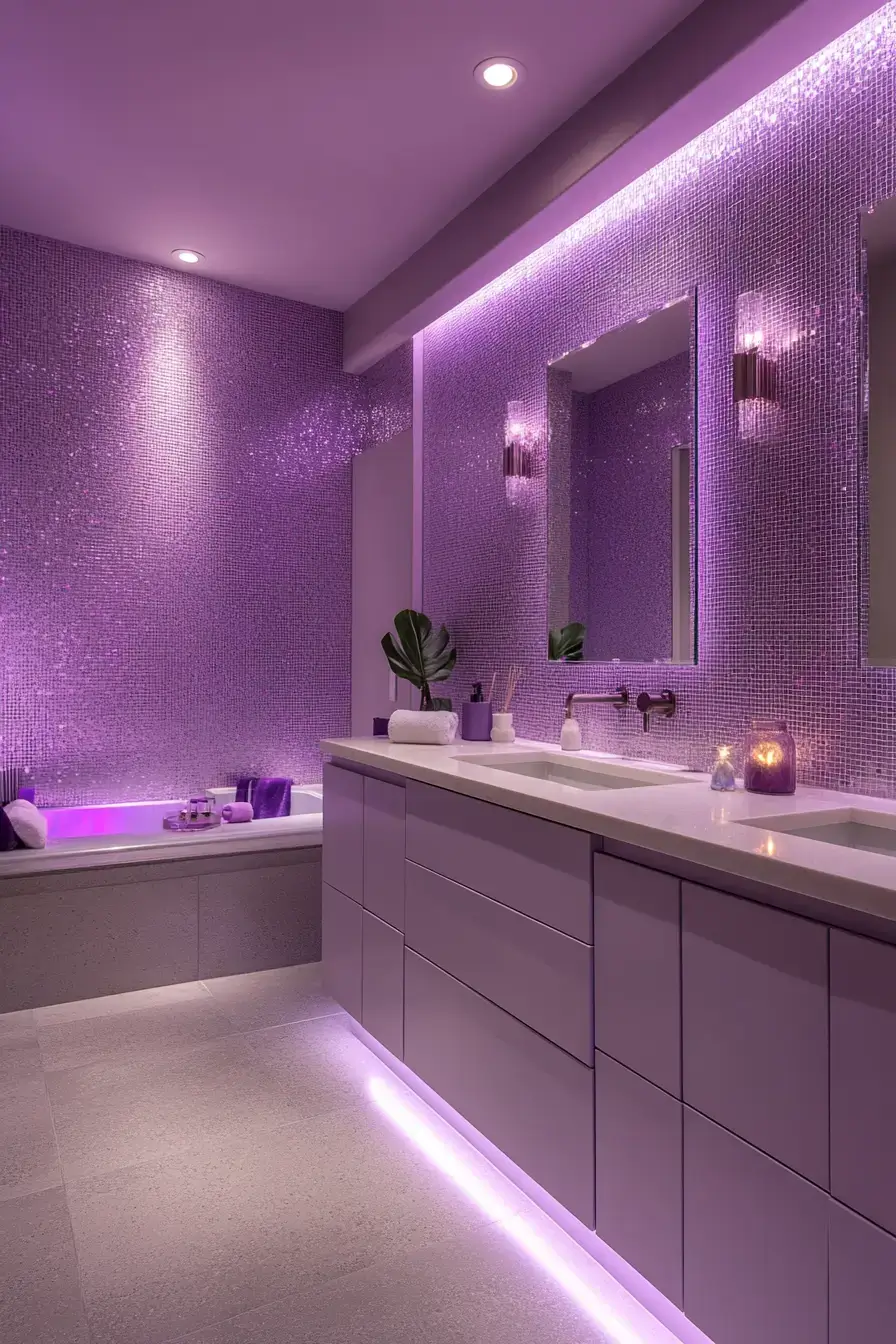 A modern bathroom with purple mosaic tiles in layered shades