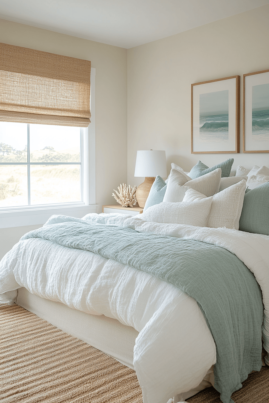 Modern beach theme bedroom with sandy neutrals, sleek furniture, and surf-inspired art