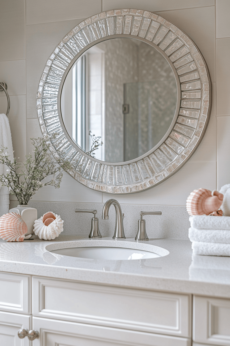 Modern ocean bathroom with shell-pattern tile, floating vanity, and glass shower enclosure
