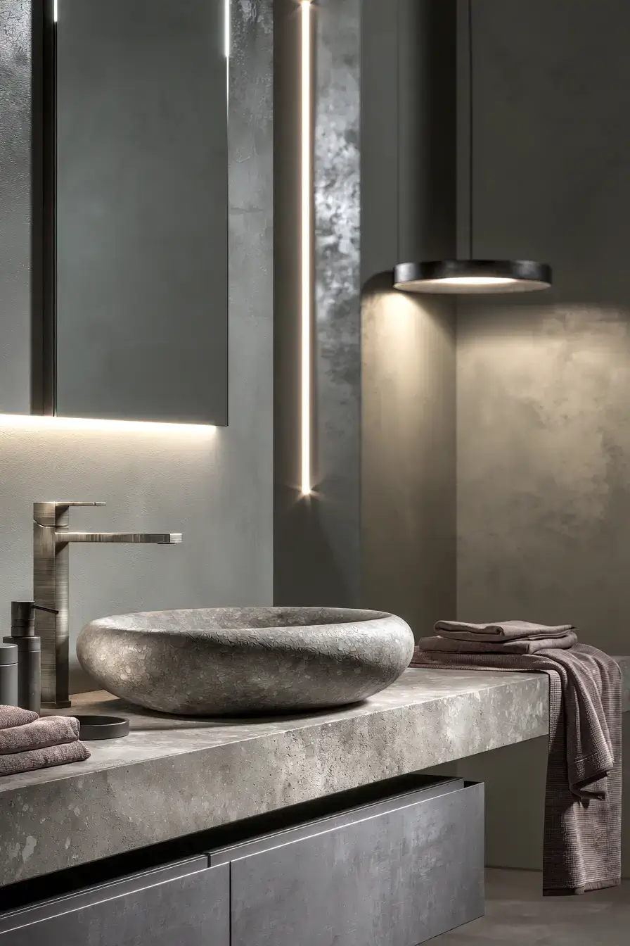 A contemporary bathroom with pebble-inspired stone sink texture and a frameless mirror