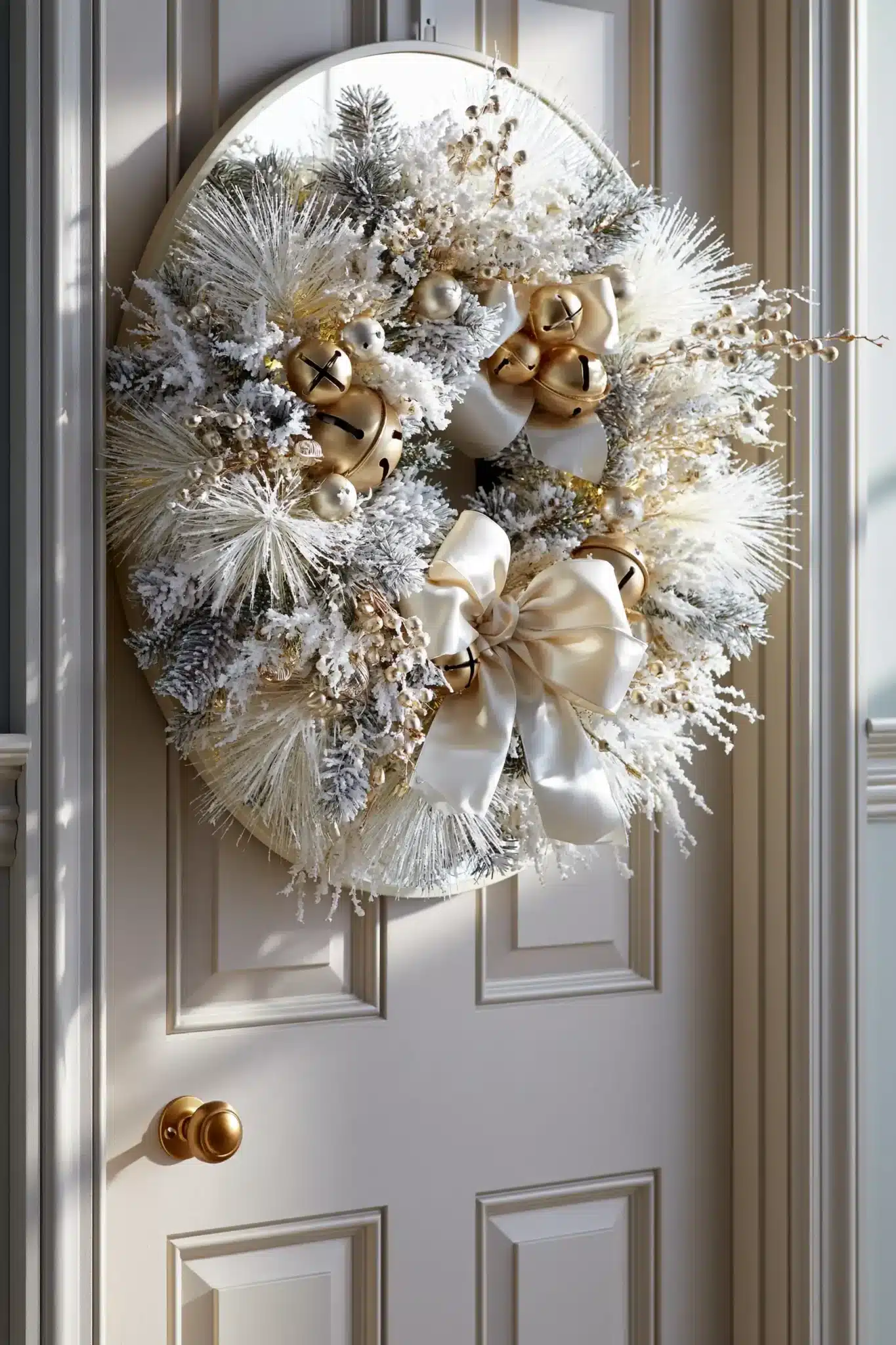 A modern white Christmas wreath with snowy branches, gold bells, and satin ribbon.