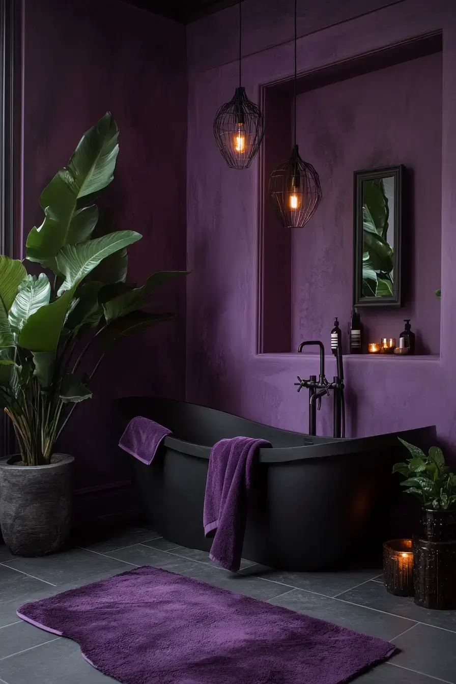 A moody aubergine bathroom with black fixtures and slate tile