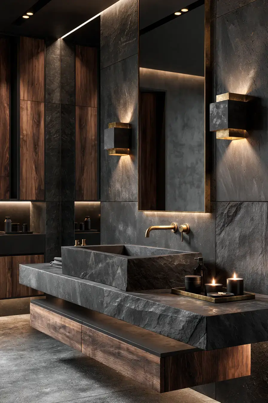 A moody bathroom with a dark slate stone basin and brass accents