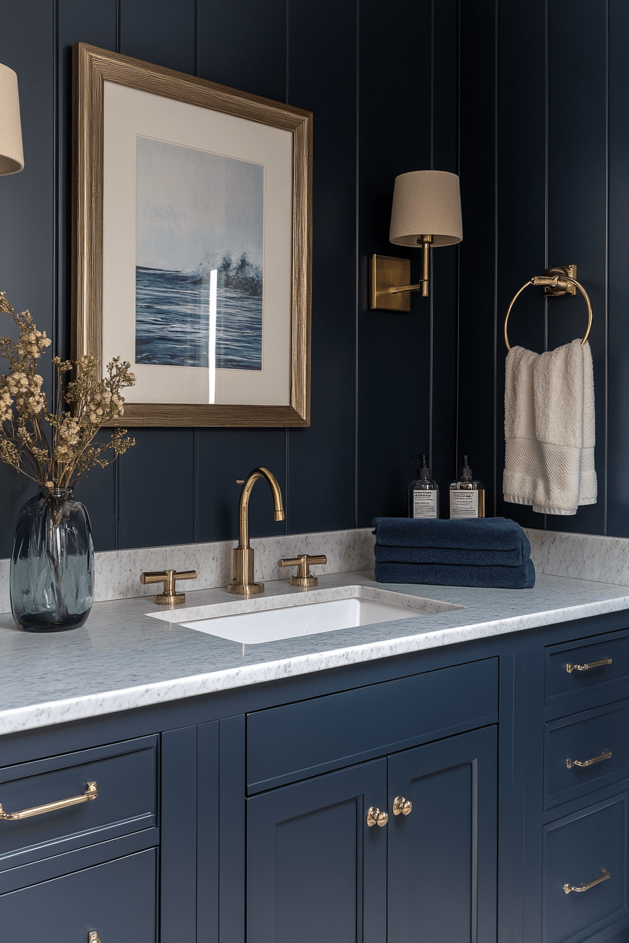 Luxurious deep-sea bathroom with navy walls, marble surfaces, brass accents, and a freestanding tub