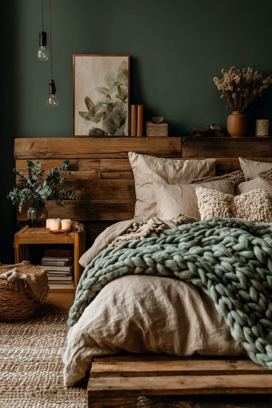 A moody dark green boho bedroom with warm layers and soft lighting