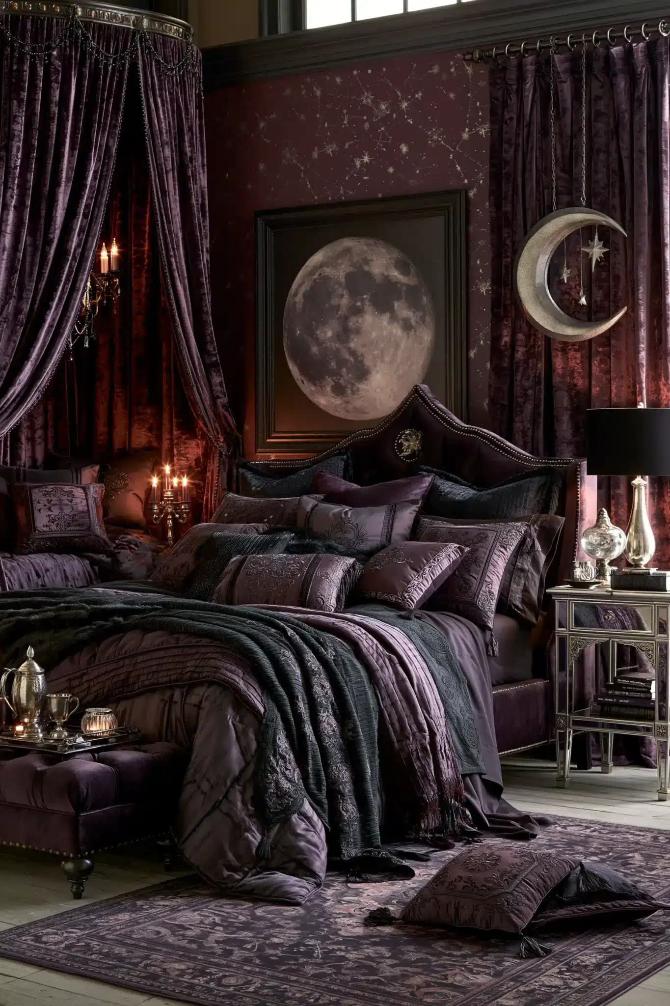 Purple gothic bedroom with moon and star decor, graceful drapes, and warm light.