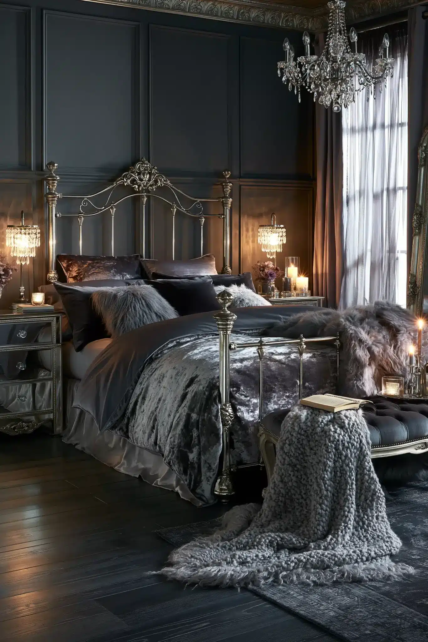 A moonlit gothic bedroom with silver accents, sheer curtains, and velvet bedding