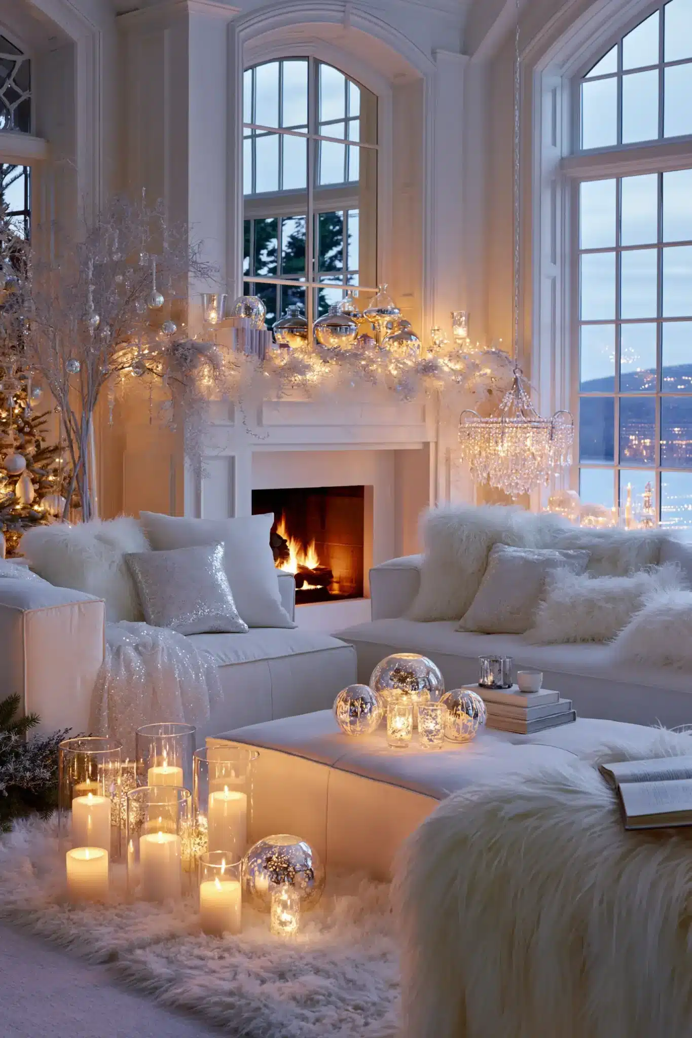 Moonlit holiday room with candlelight, reflective ornaments, and white Christmas decor