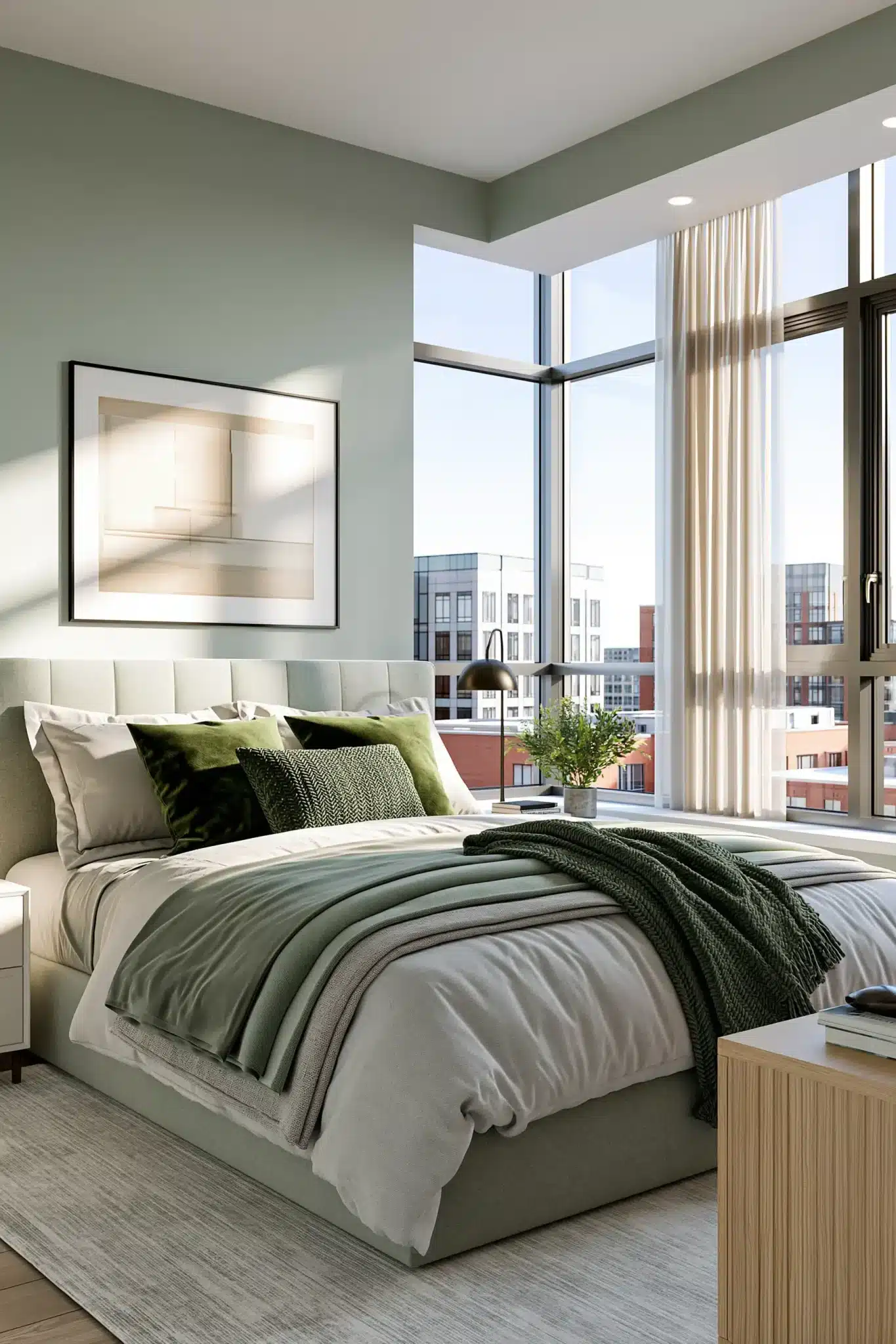 Grey and sage bedroom with velvet pillows, sheer curtains, and a calm modern feel
