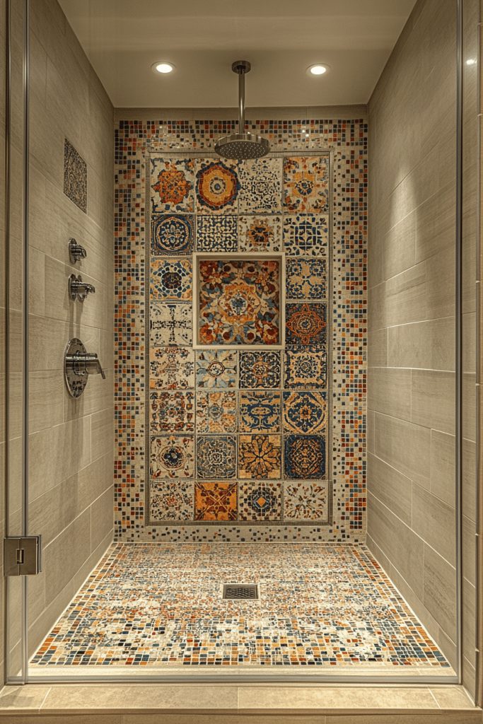 Walk-in shower with a mosaic tile accent in a small bathroom.