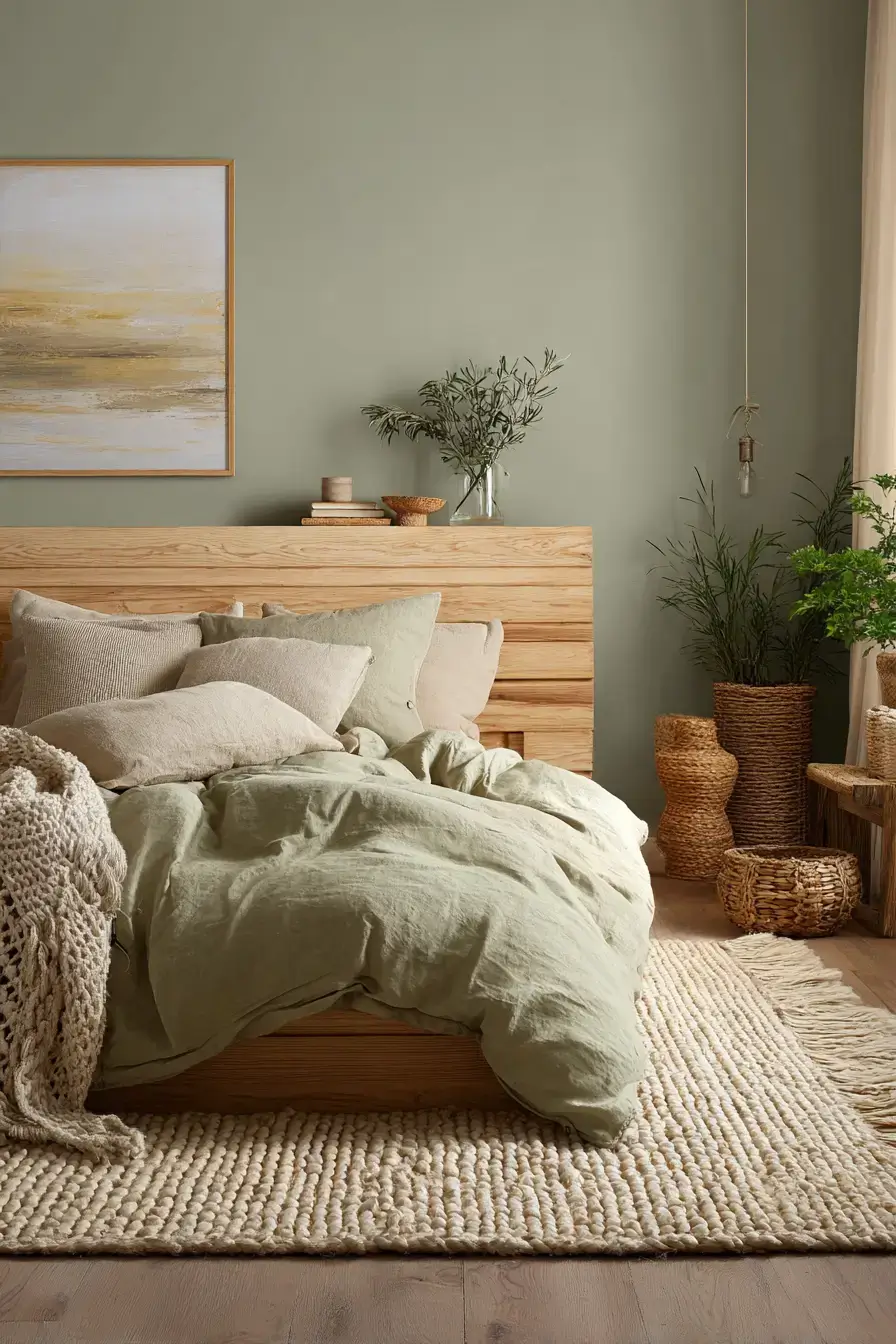 A modern moss green boho bedroom with layered rugs, linen, and raw wood accents
