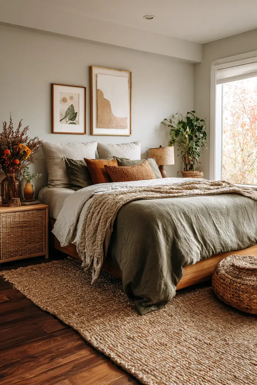 A moss green boho bedroom with rattan, linen, and jute textures