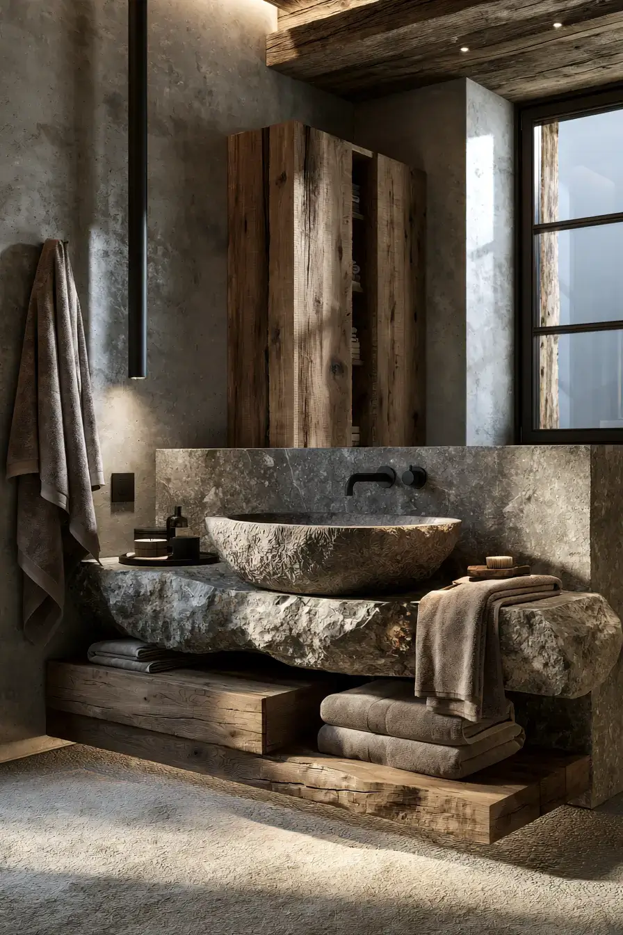 A mountain-inspired bathroom vanity with a rock stone sink and soft wood finishes
