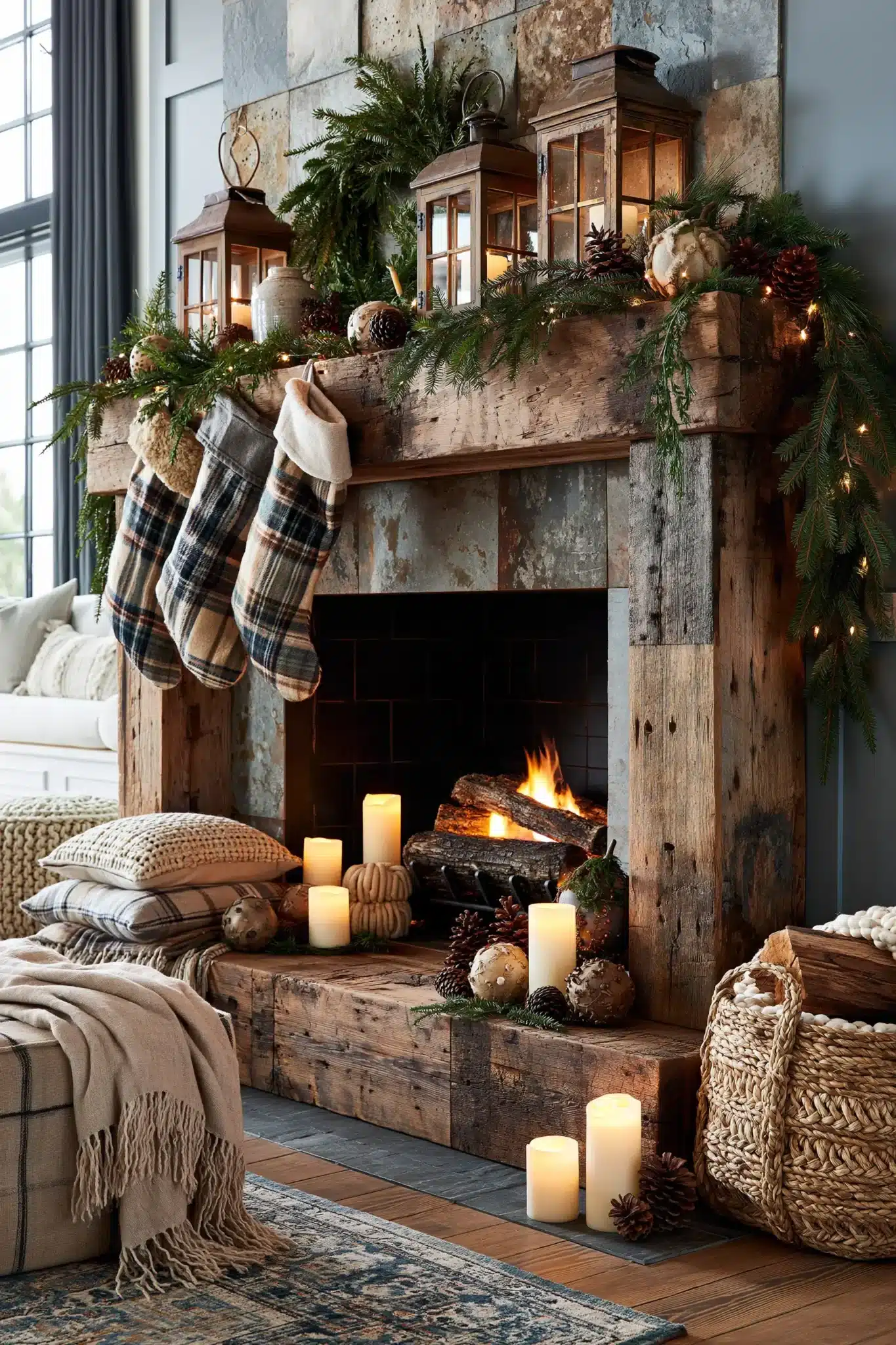 Cozy cabin-inspired Christmas mantel with plaid stockings and rustic accents