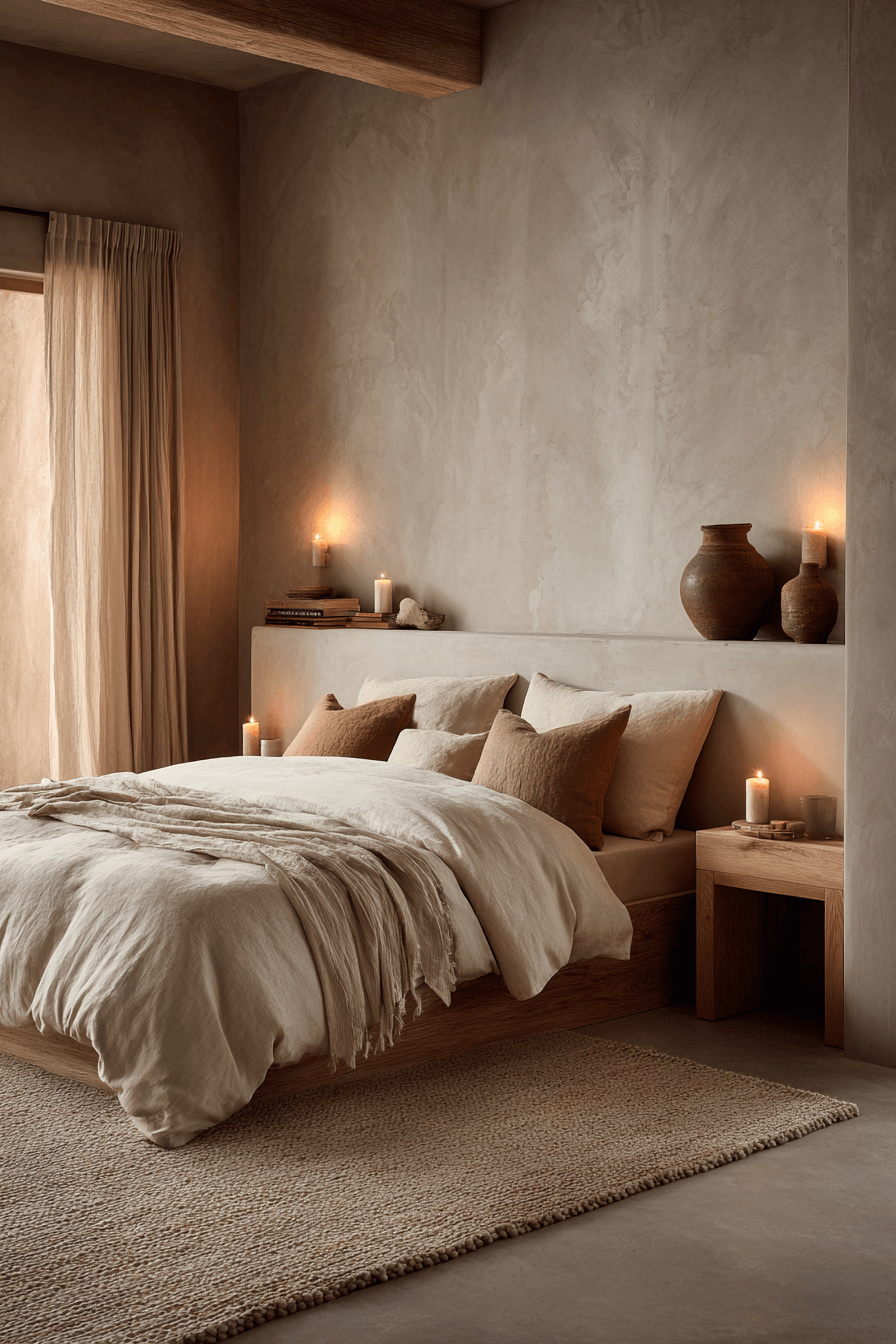 A pale clay bedroom styled with ivory layers, natural wood, and ceramic decor