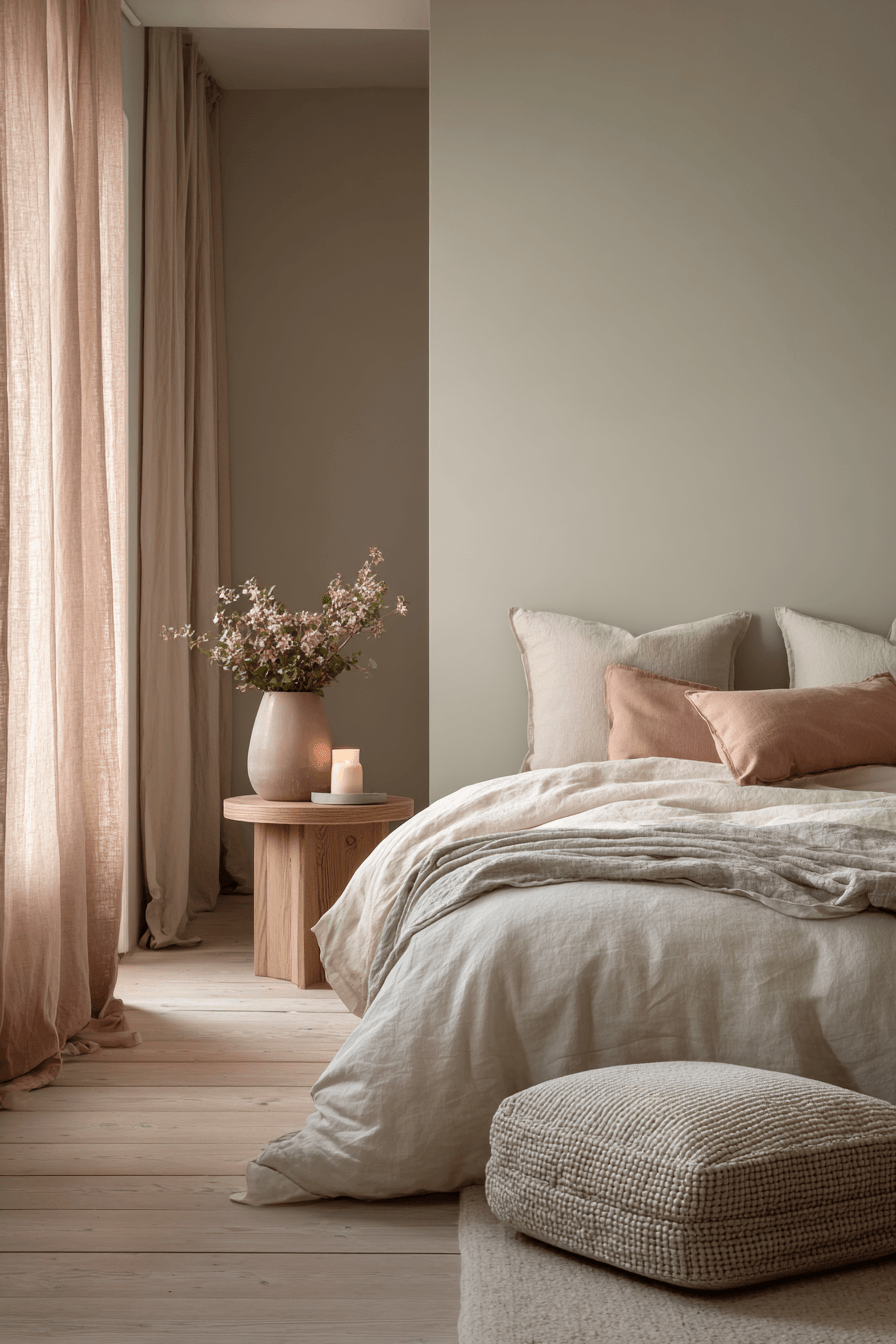 Warm minimalist bedroom with muted dusty rose, sage, and clay accents
