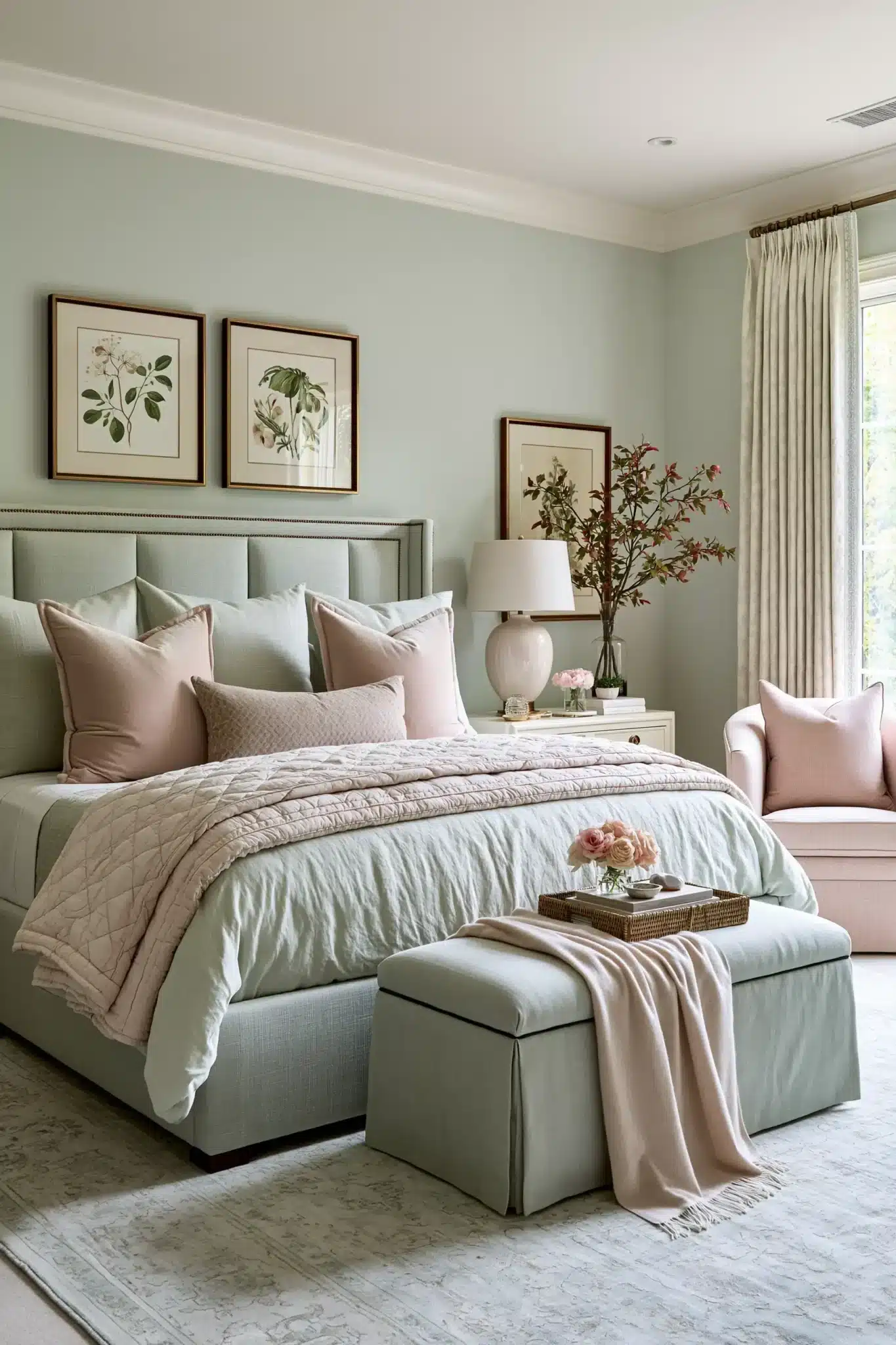 Sage green and blush bedroom with muted colors, upholstered pieces, and subtle metallic accents.