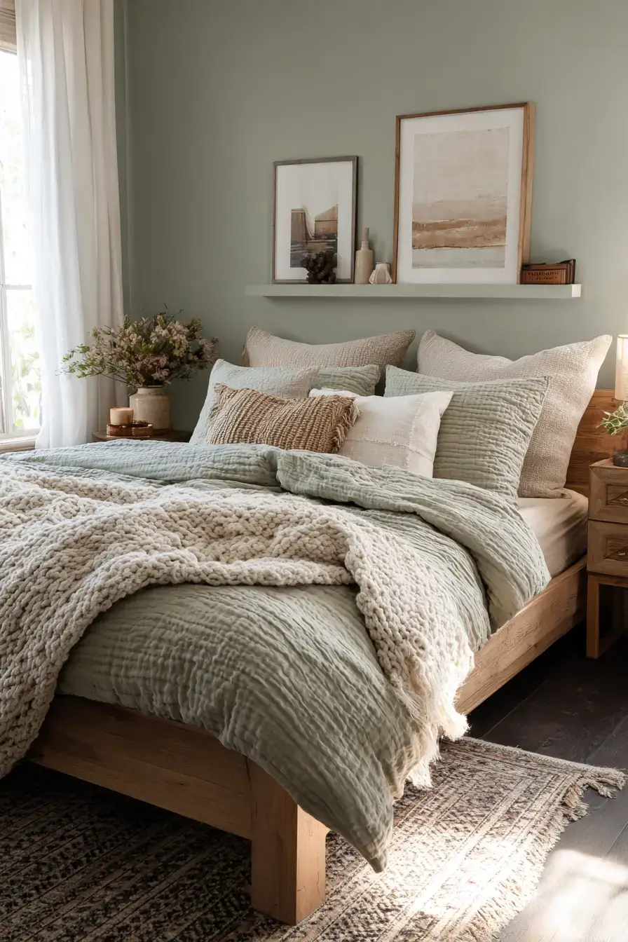 A muted sage green boho bedroom with textured pillows and natural materials