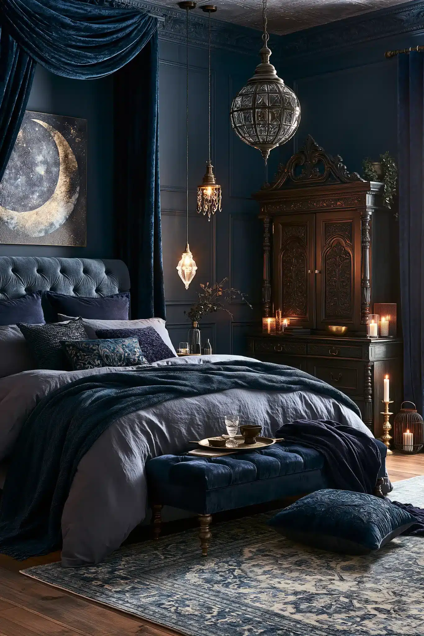 A mystical gothic bedroom with navy walls, crystal accents, and celestial décor