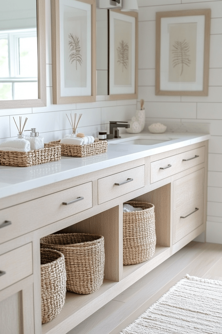 Modern coastal bathroom with woven basket storage and light wood finishes