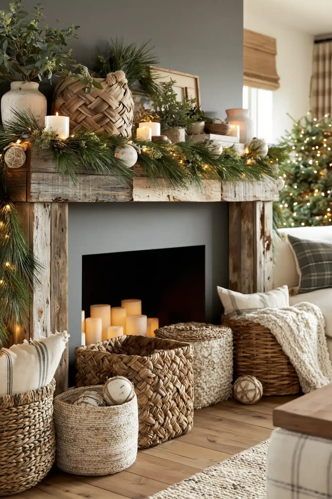 Rustic Christmas mantel with pine garland, wood elements, and woven textures