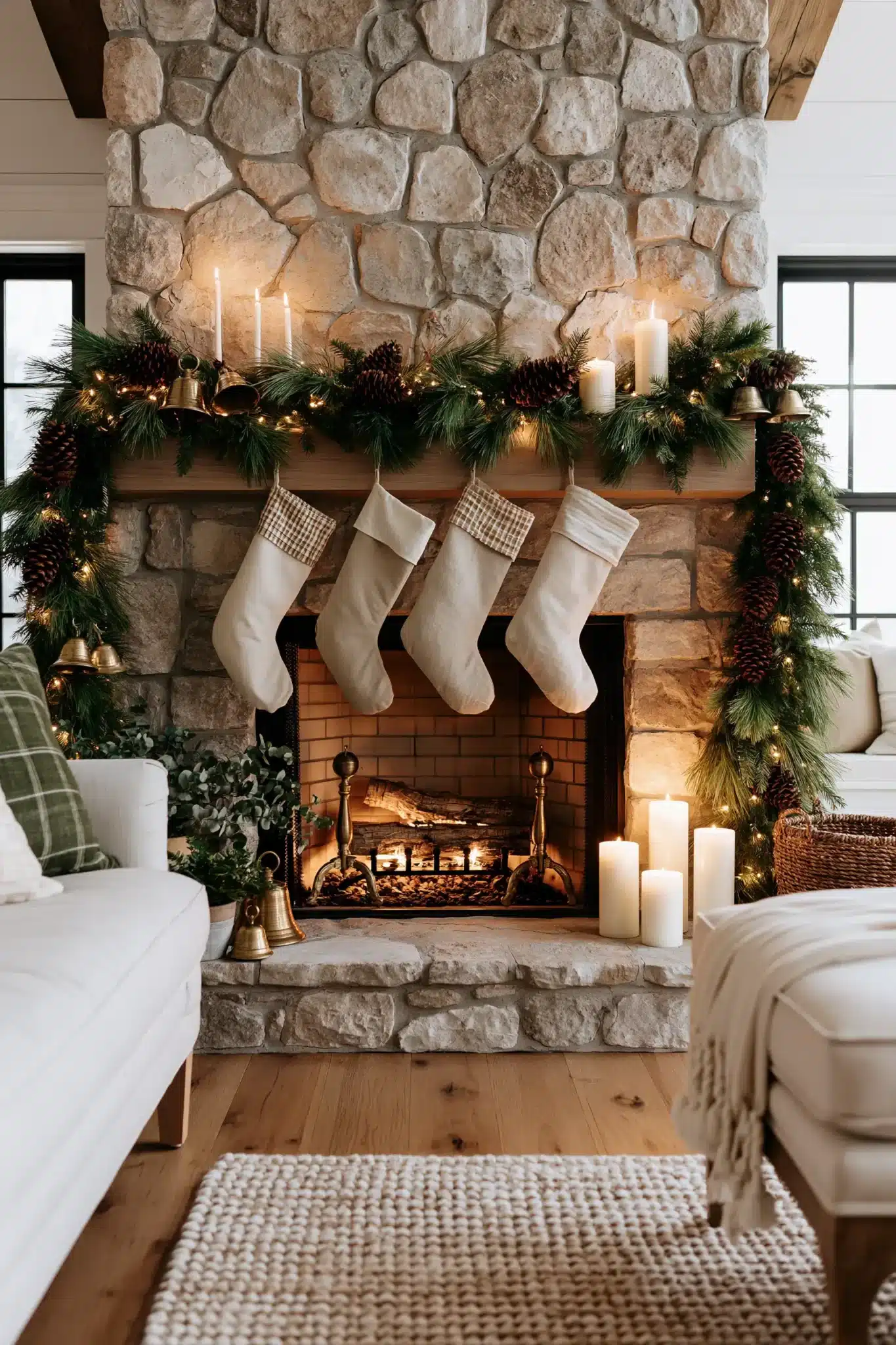 A natural Christmas hearth with pine garland, pinecones, candles, and neutral decor.