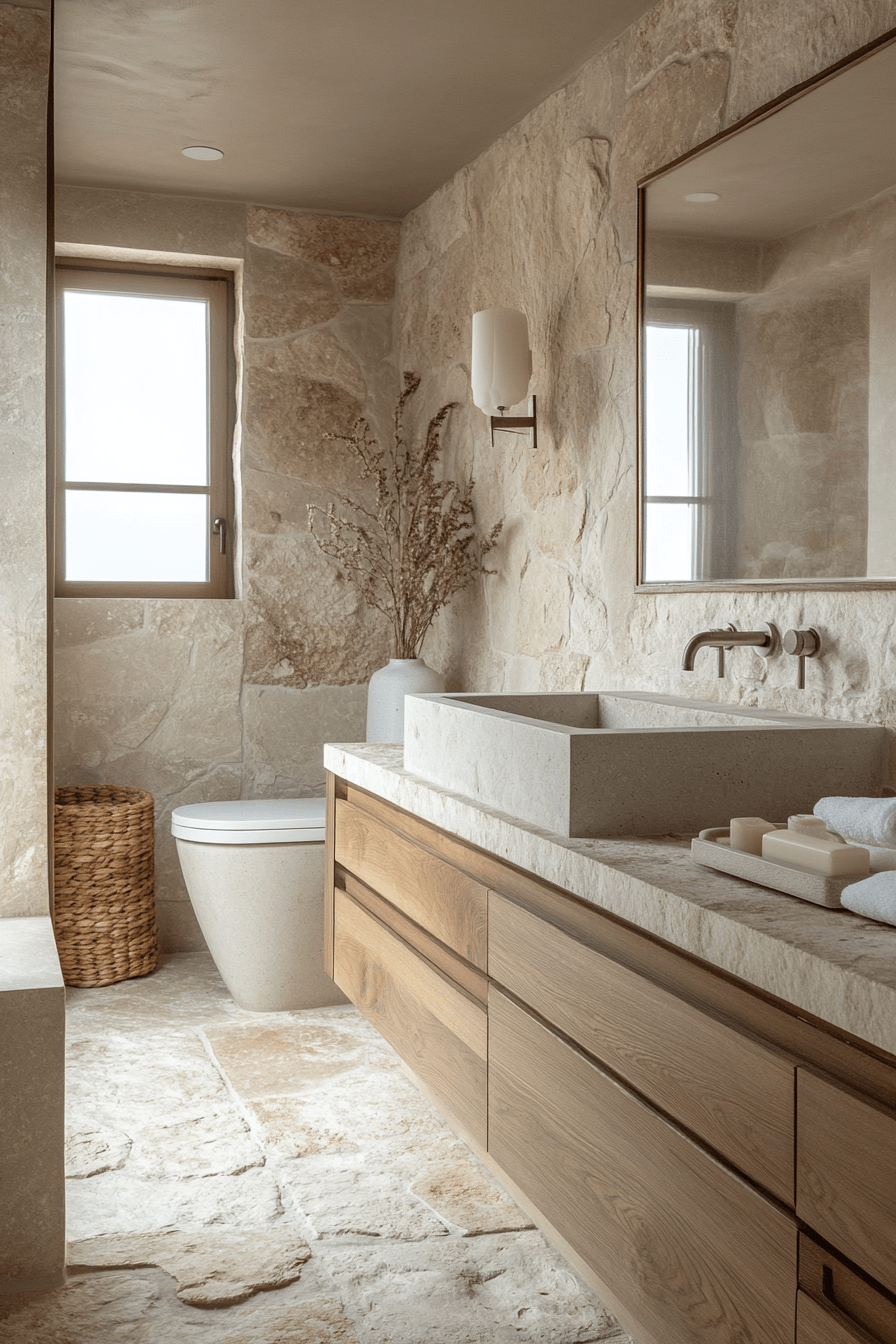 Coastal bathroom with natural stone finishes, pebble textures, and simple white fixtures