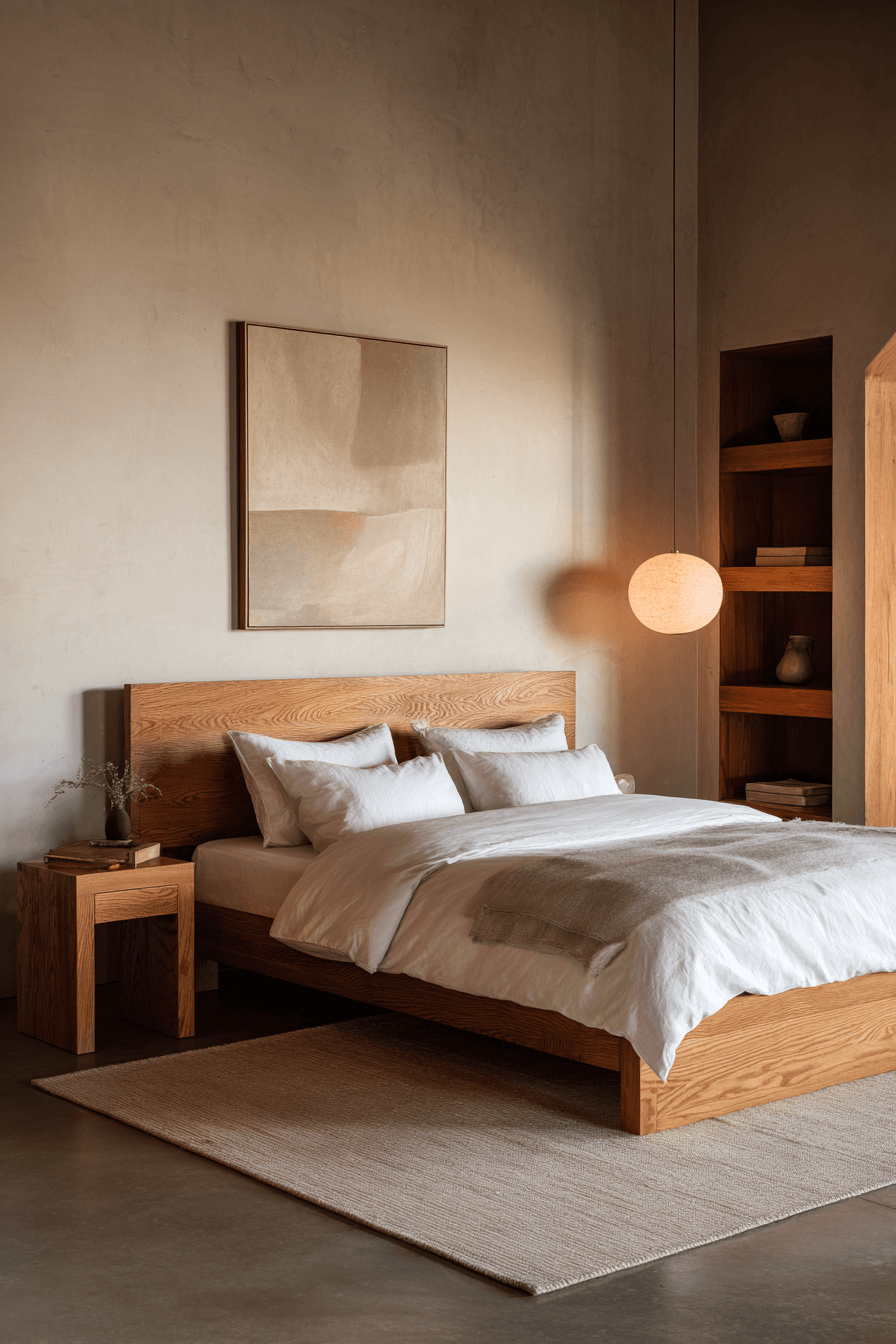Warm minimalist bedroom featuring natural wood furniture and neutral bedding