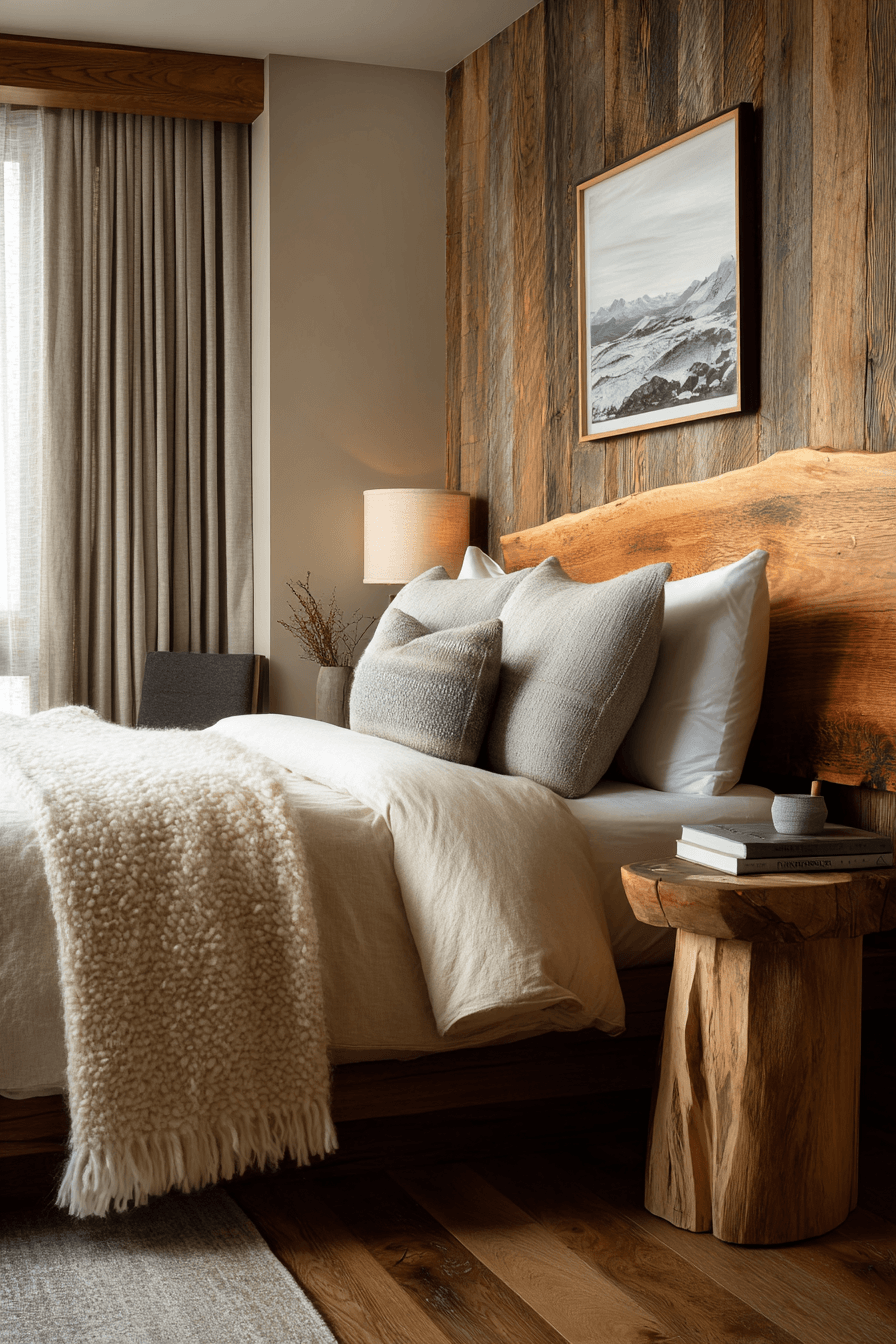 A warm bedroom with wood furniture, neutral bedding, and simple cozy styling.