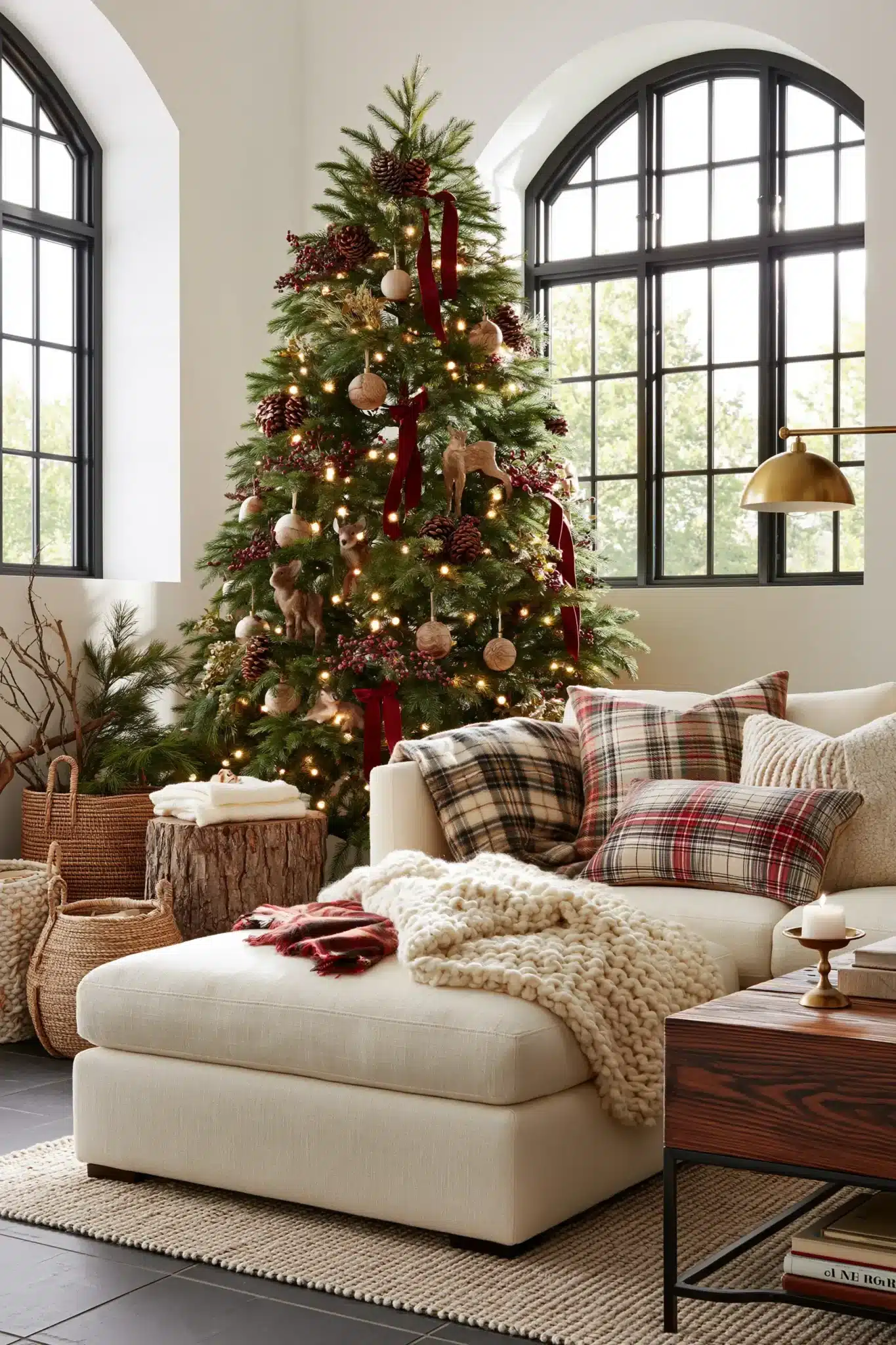 Woodland-inspired traditional Christmas decor with pinecones, wood accents, and greenery.