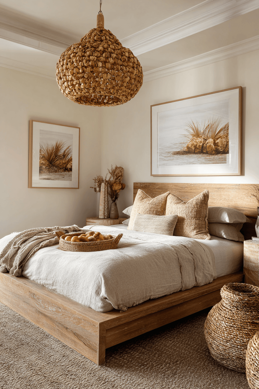 Coastal bedroom with woven textures including cane seagrass jute and a light pendant lamp
