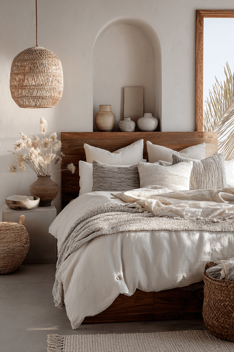 Beachy boho bedroom with crinkled linen bedding, fringed throws, handwoven pillows, and raw wood accents