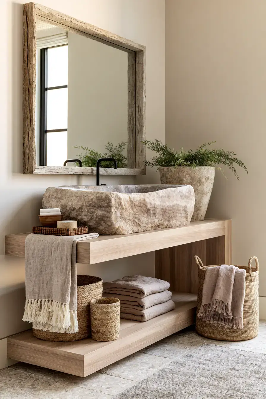 A stone sink bathroom styled with linen towels, woven baskets, and greenery