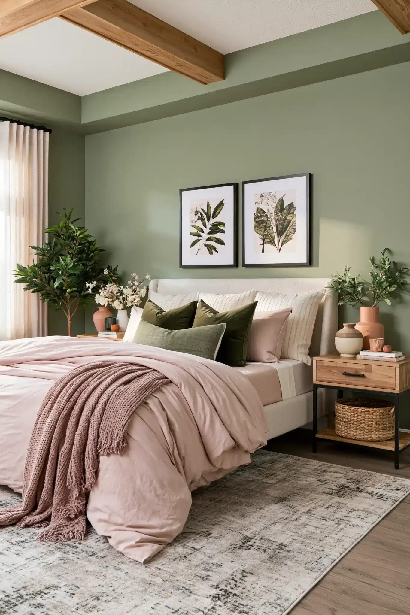 Romantic sage green and blush bedroom with natural finishes, florals, and cozy layers.