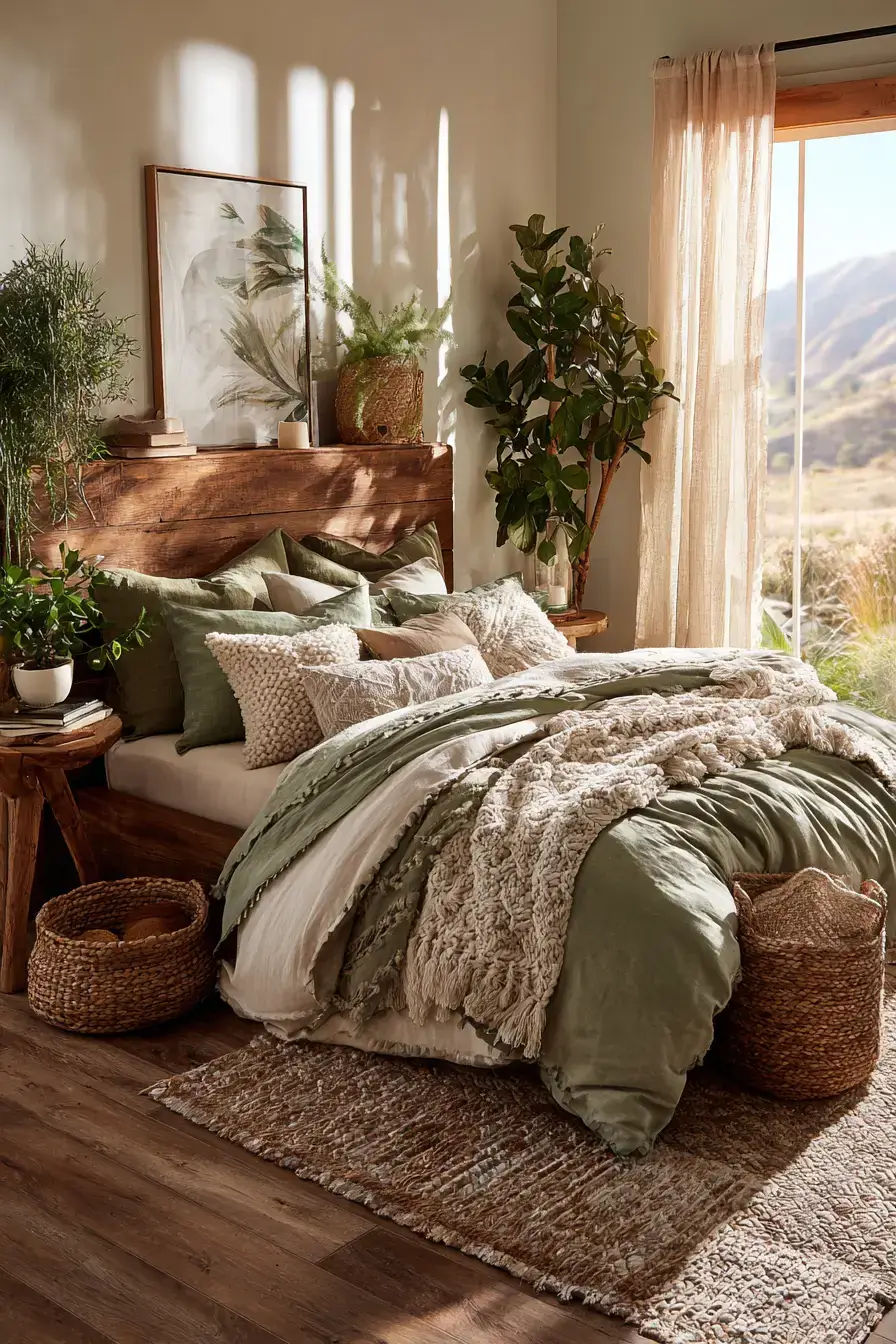 A nature-inspired green boho bedroom with soft textures and woven decor