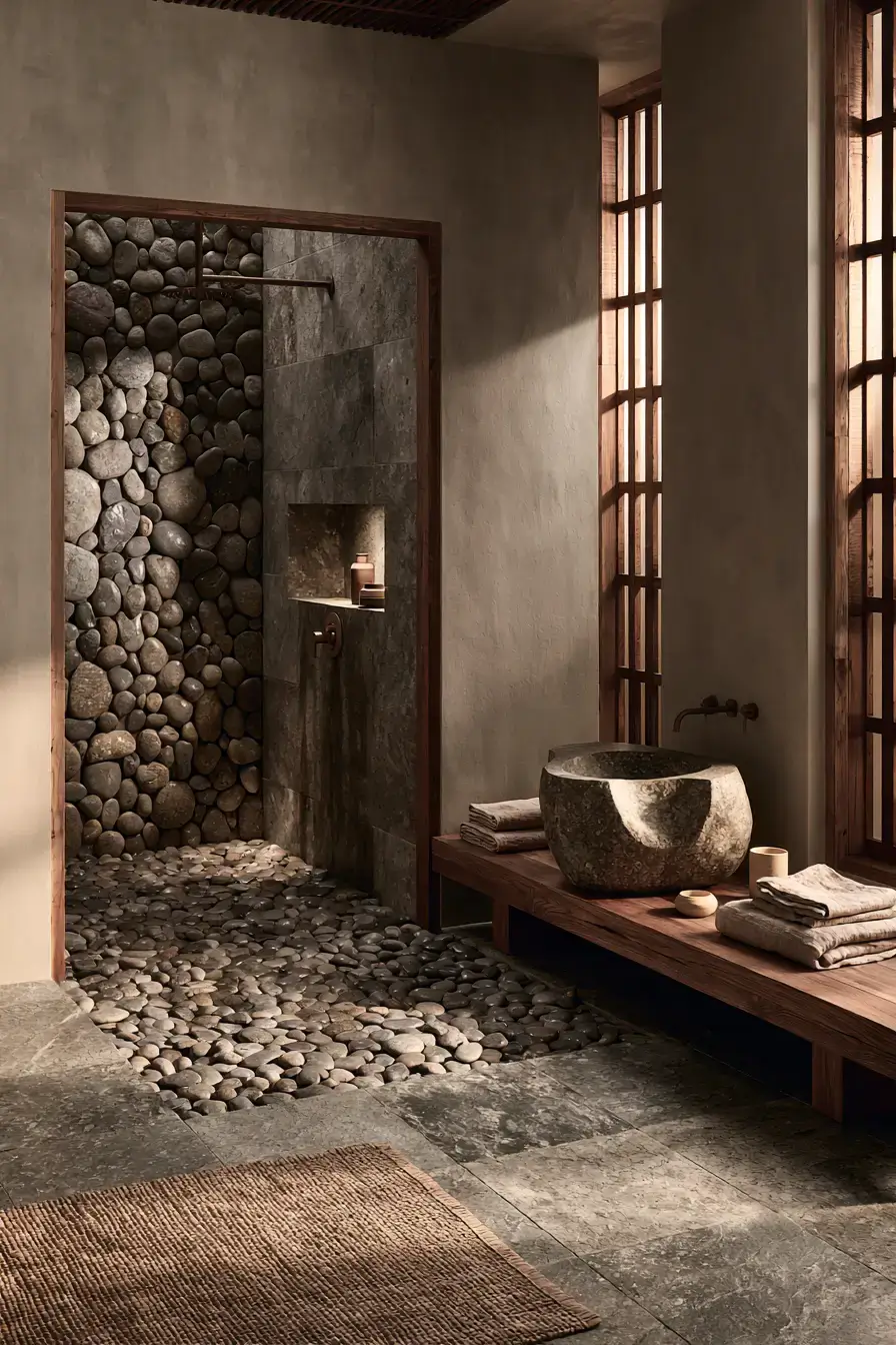Serene Japandi bathroom with pebble textures, natural stone, and warm wood