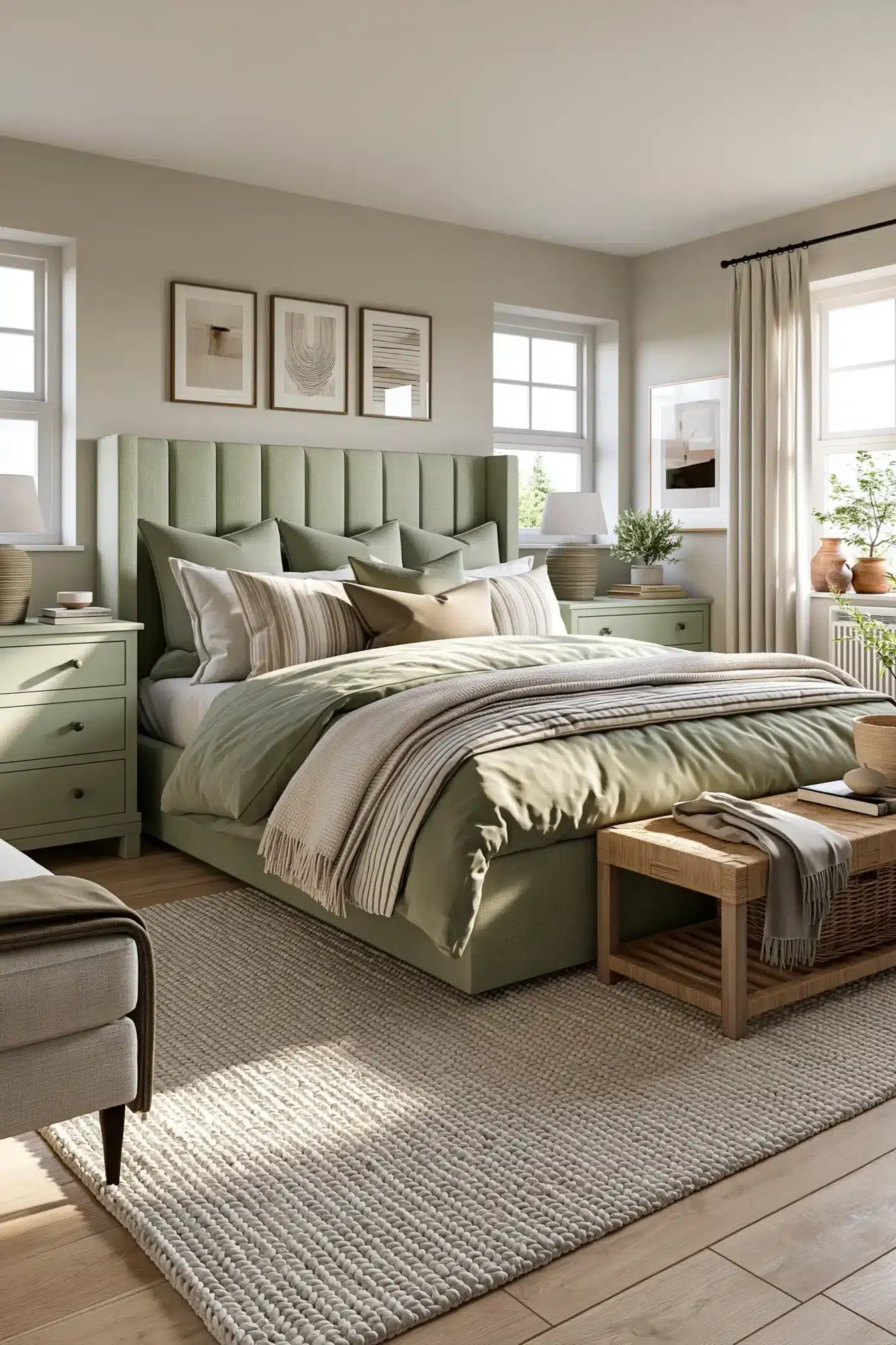 Refined sage green and grey bedroom with woven textures, greenery, and warm layered lighting