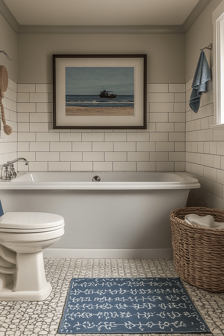 Coastal bathroom with nautical accents, navy details, and white tile