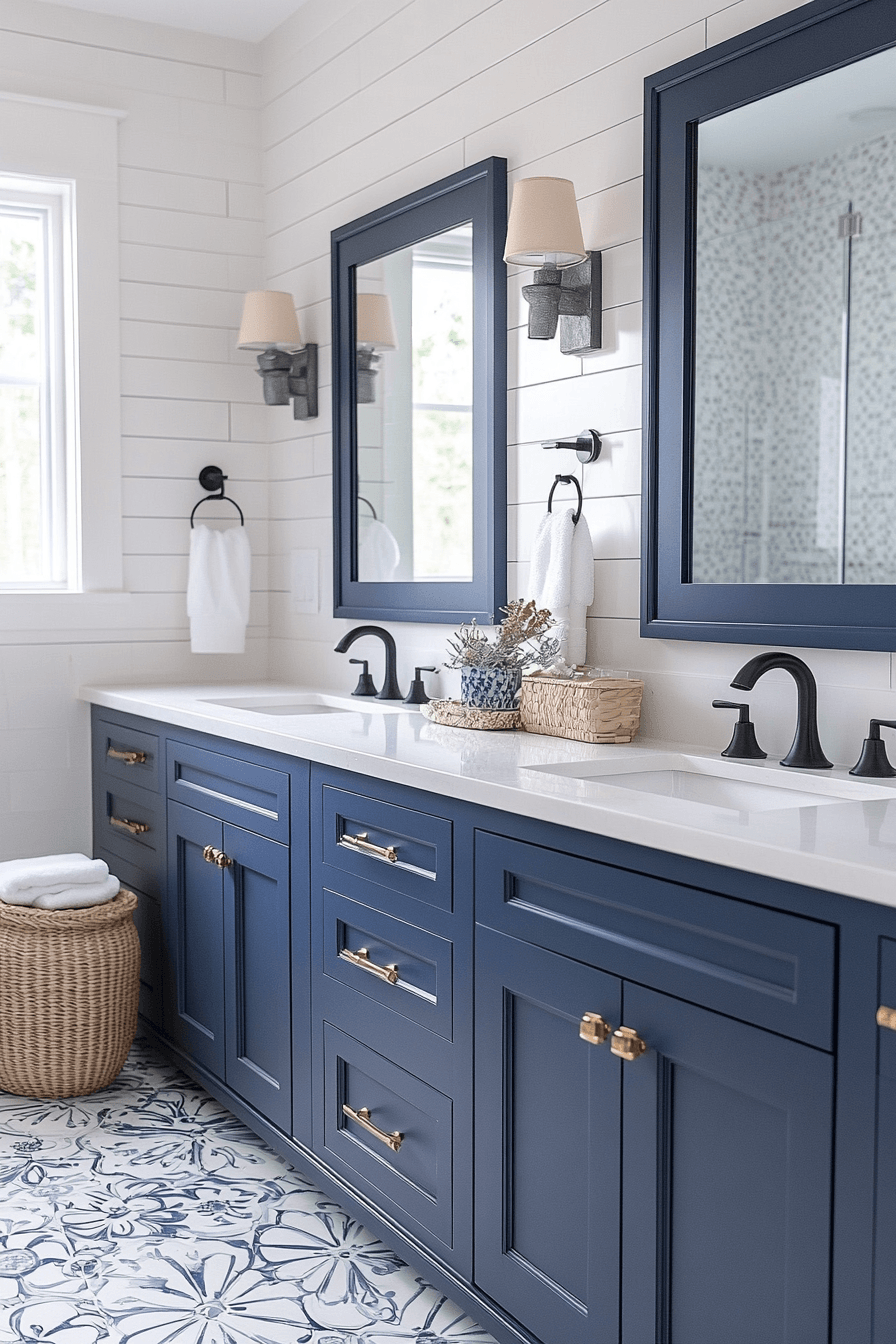 Modern coastal bathroom with high-contrast navy and white finishes
