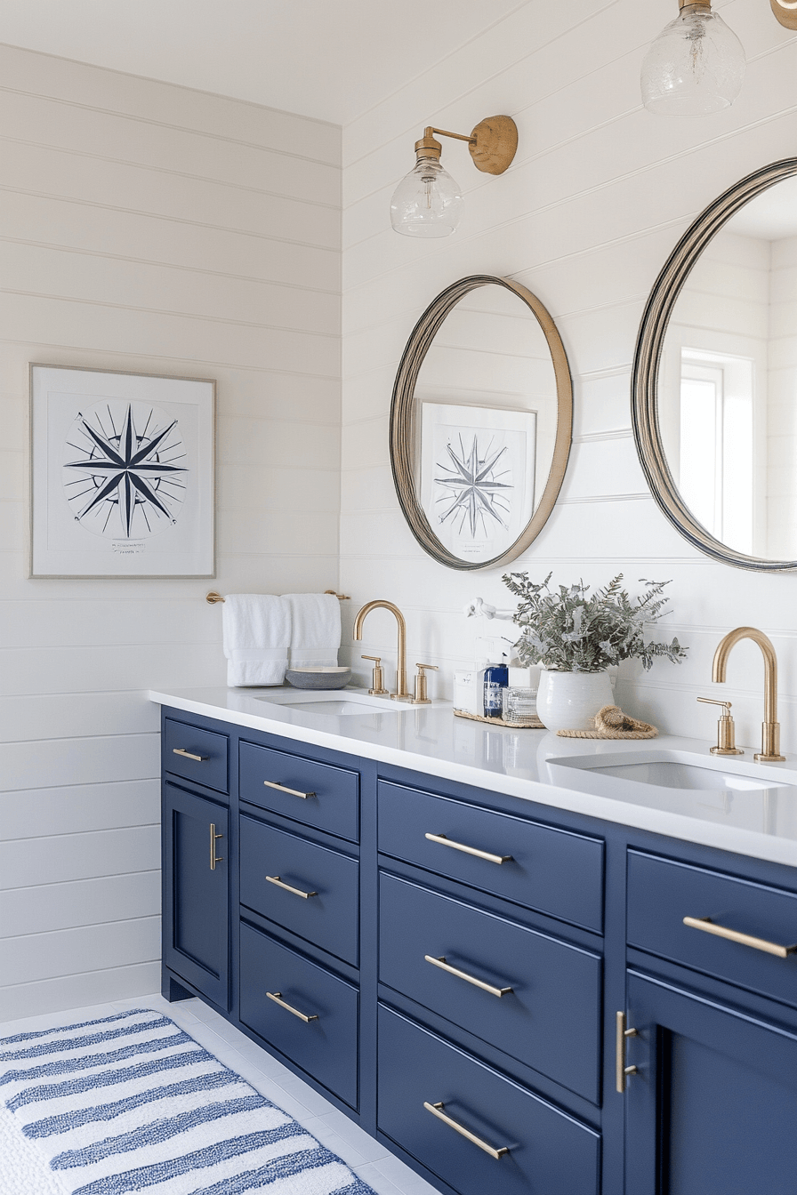 Modern nautical bathroom with navy and white finishes, striped textiles, and polished metal accents