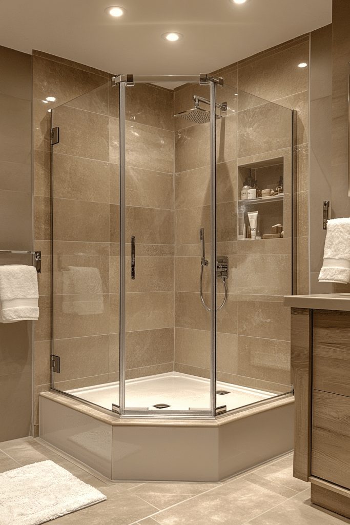 Neo-angle walk-in shower designed for a small bathroom corner.