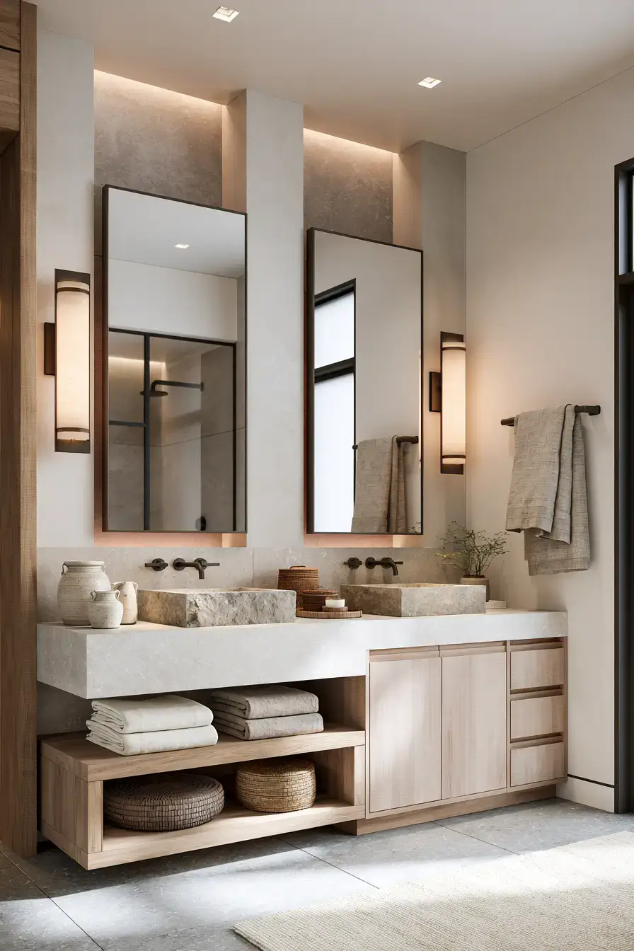 Japandi bathroom with layered neutral shades, wood tones, and handcrafted decor