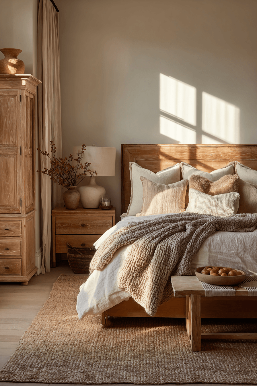 A warm neutral bedroom with linen bedding, boucle textures, and woven accents
