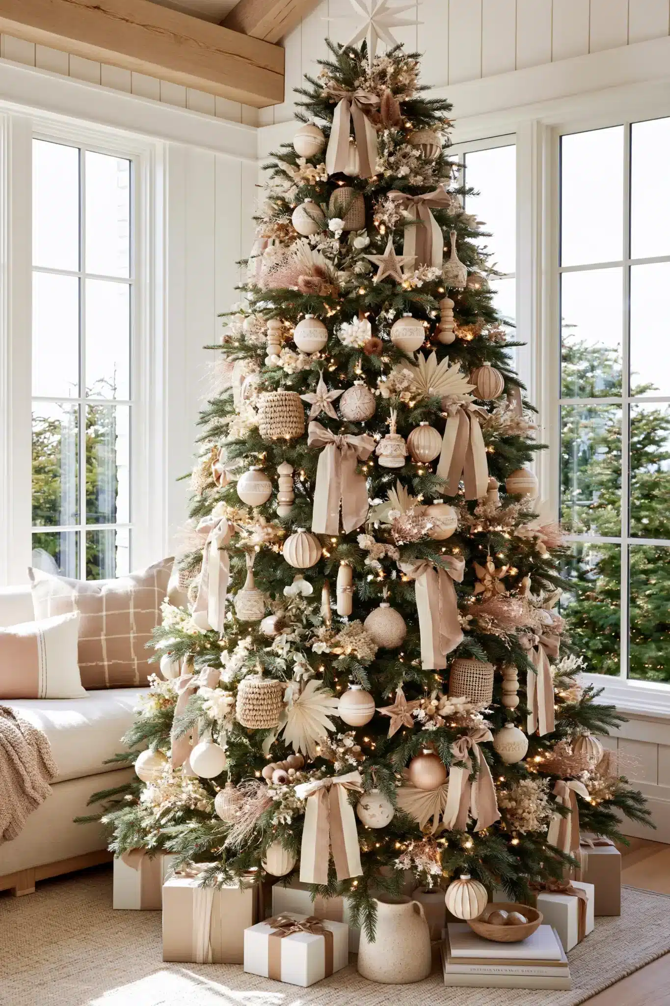 Neutral organic Christmas tree with wood, linen, dried botanicals, and soft beige tones