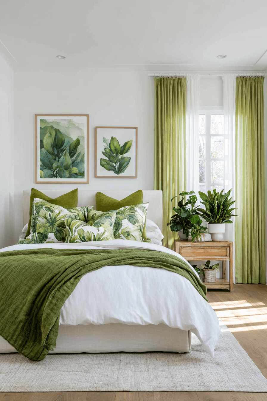 Neutral bedroom with green bedding, wood furniture, and simple indoor plants