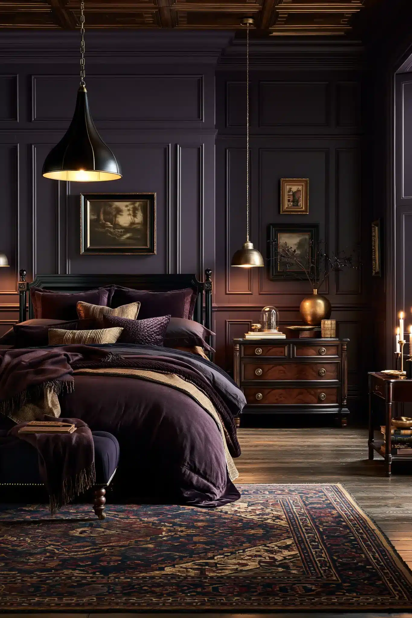Purple gothic bedroom with nightfall shades and metallic bronze, brass, and silver accents.