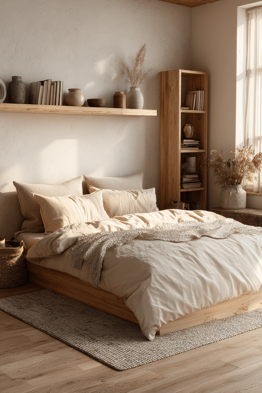 A warm Nordic bedroom with light wood, creamy textiles, and simple decor
