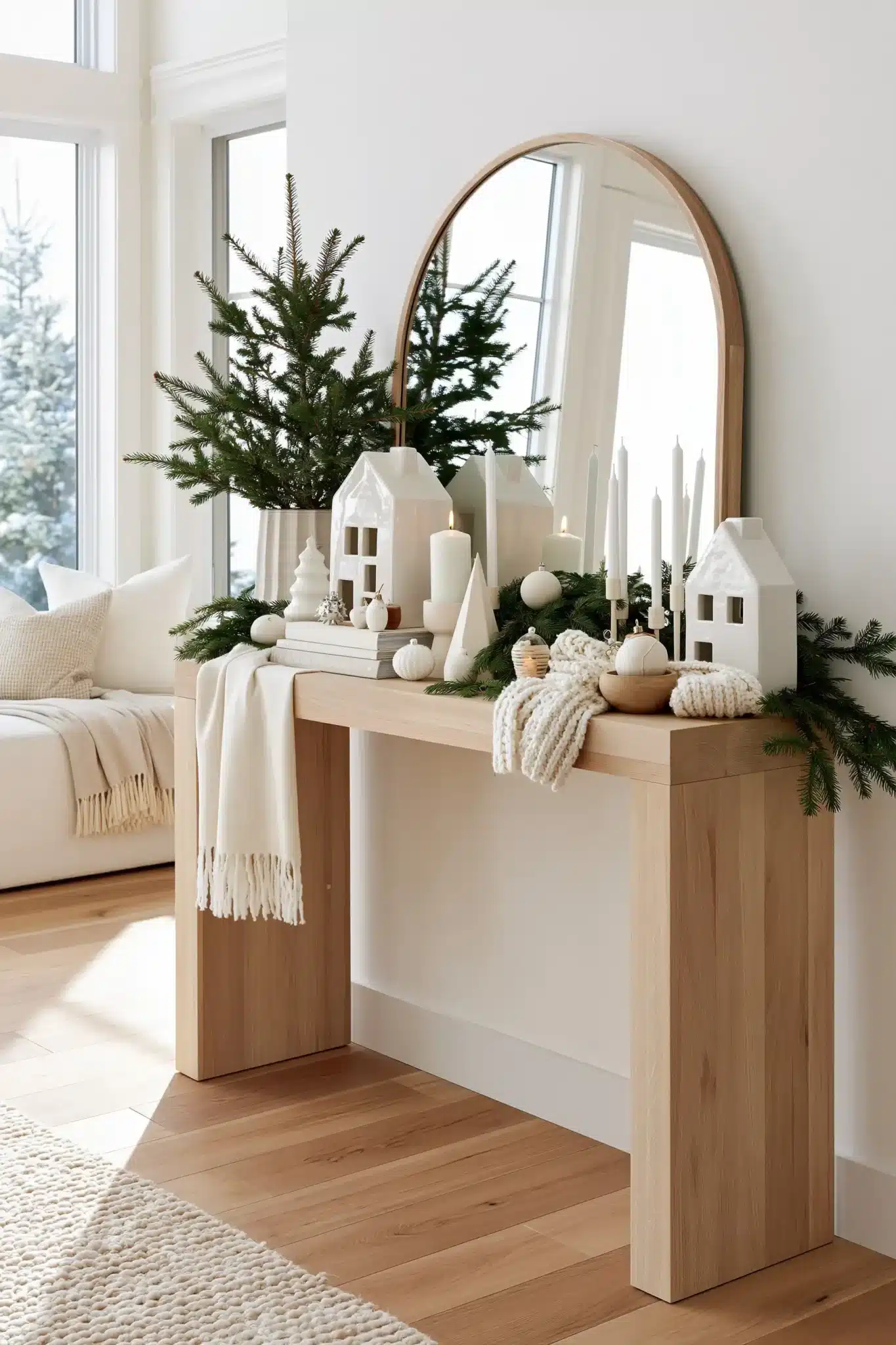Scandinavian Christmas console with light wood, white candles, greenery, and minimalist decor